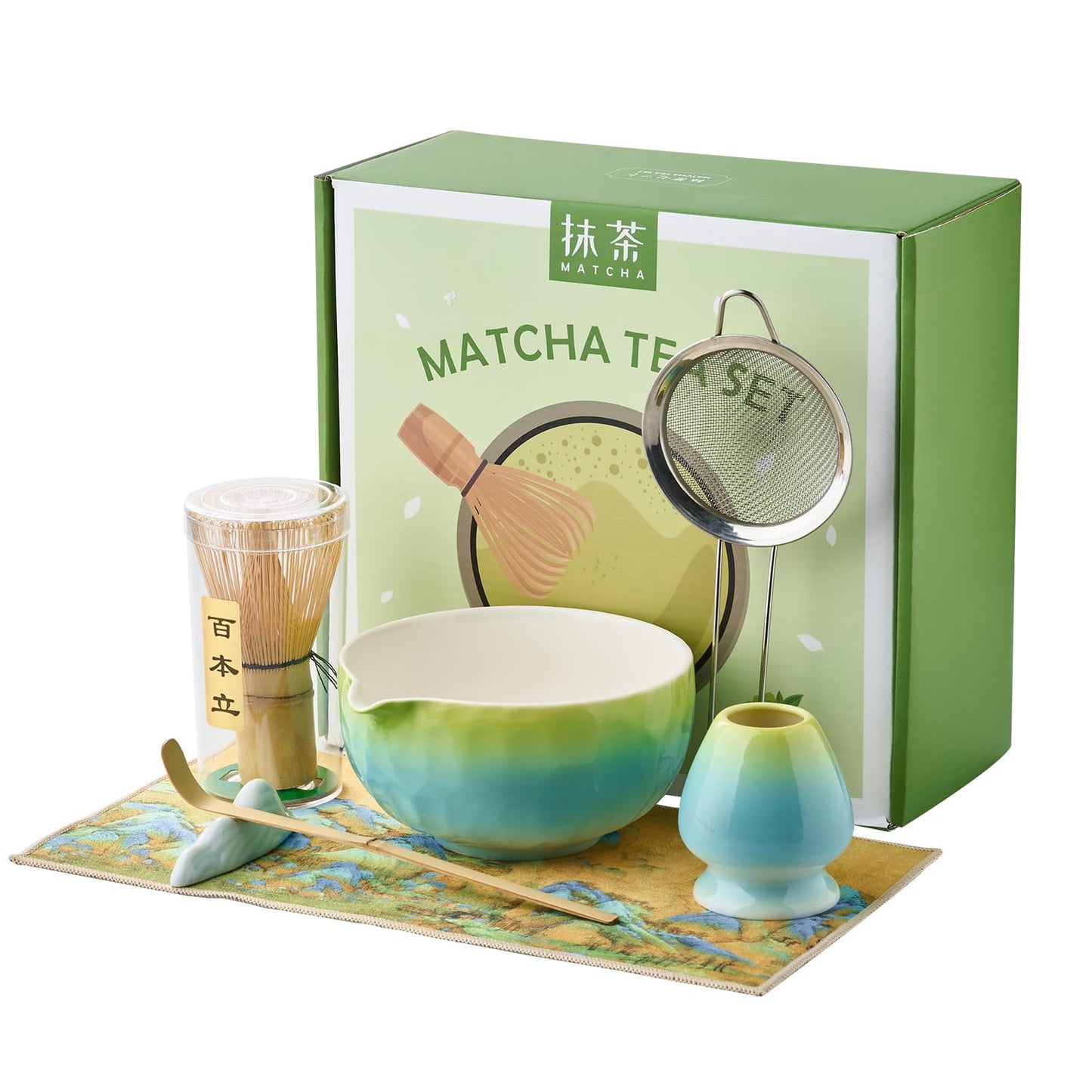 Matcha Whisk Set 7 Pcs, Matcha Kit with Bowl, Whisk and Holder, Bamboo Scoop, Scoop Rest, Sifter & Tea Towel, matcha Tea set Gifts for Matche Lovers Making Latte Breakfast