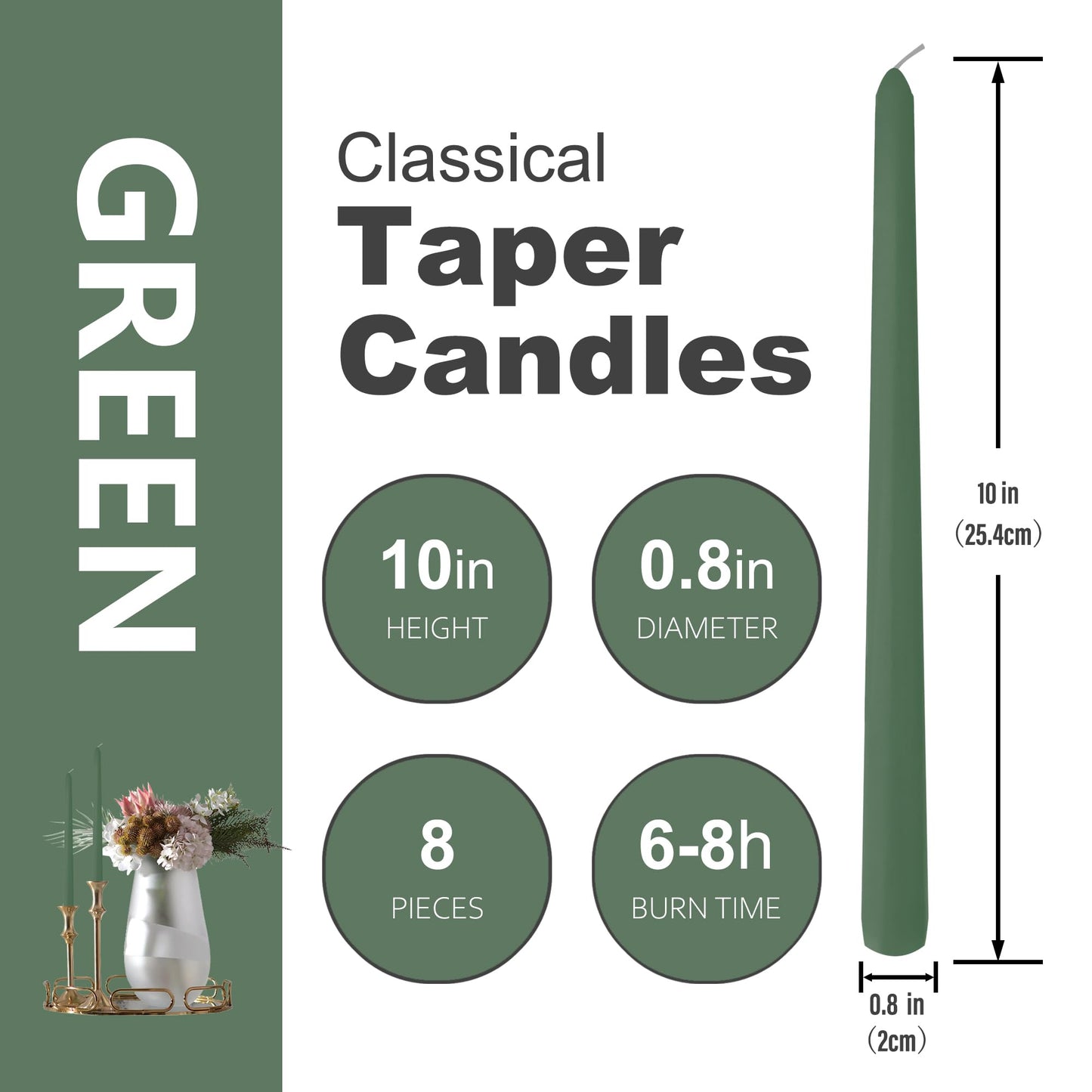 8 Pack 10 Inch Green Taper Candles for Christmas Candles for Home Decor Dinner Party Celebrations Wedding Shower