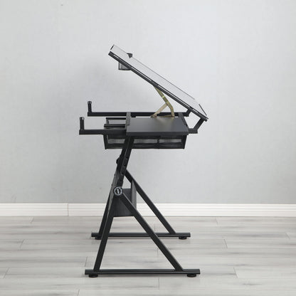 GOWE Black Adjustable Tempered Glass Drafting Printing Table with Chair