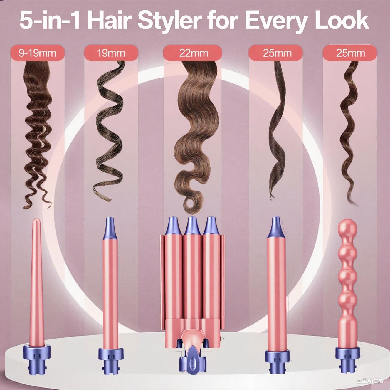 Brightup Curling Iron Wand Set, 5 in 1 Hair Curler with 3 Barrel Crimper, Fast Heat Up Curling Wand for All Hair Types with LCD Display, Gifts for Women