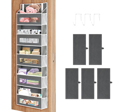 2 Packs 5-Tier Over The Door Organizer with 10 Side Mesh Pockets, 48 lbs Load Capacity, 3 Hooks Design, Hanging Organizer with Clear Windows for Bathroom, Bedroom, Nursery, Kitchen-Grey
