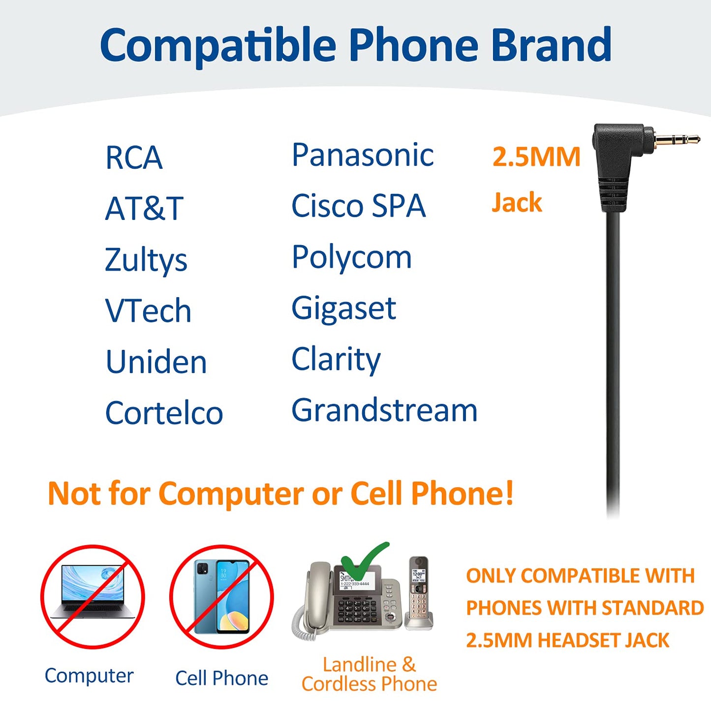 Wantek 2.5mm Telephone Headset with Mic Noise Cancelling, Office Phone Headset Compatible with AT&T ML17929 Panasonic Vtech RCA Uniden Cisco SPA Grandstream Polycom Cordless Dect Phones(A600F)