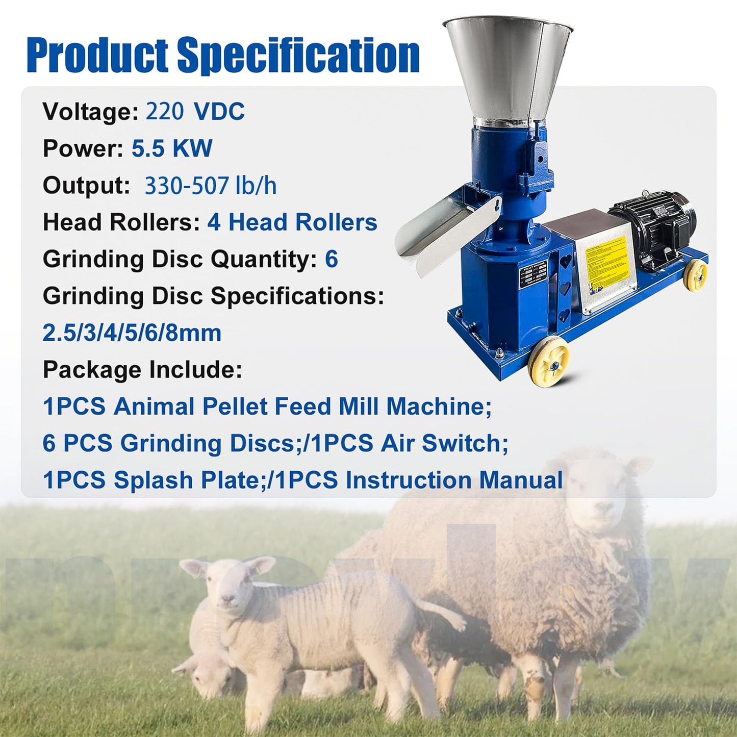 ProXlex 220V Pellet Feed Machine Animal Feed with 6 Grinding Discs 2.5/3/4/5/6/8mm 4 Head Rollers Feed Pellet Maker Mill Machine for Poultry Livestock Farm Animal 5.5KW 507 lb/h