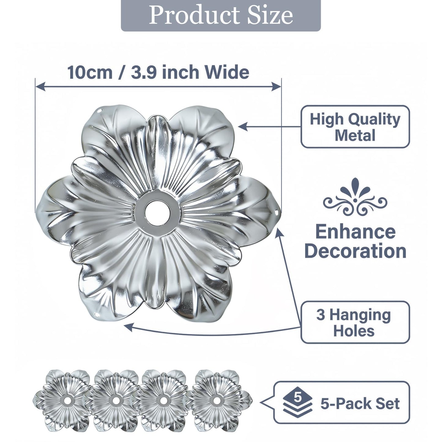 5 Pcs Metal Flower Candle Holder Leaves, 4.3 Inch Metal Candle Stand Accessories with 3 Hanging Holes for Crystal Pendants, Suitable for Candlesticks and Candelabra (Silver, 3.9"-5pcs)