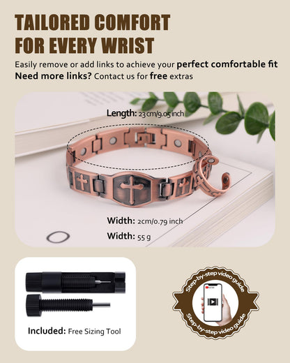Jecanori Pure Copper Bracelet for Men, Ultra Strength Magnetic Cross Bracelets for Men, Mens Copper Cross Bracelet, Jewelry Gift with Sizing Tool