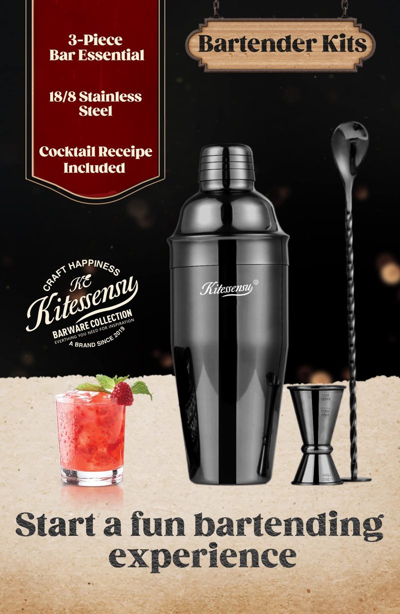 KITESSENSU Cocktail Shaker Set, Stainless Steel Martini Shaker with Bartender Strainer, Measuring Jigger, Bar Mixing Spoon, Cocktail Recipe Included, Pink