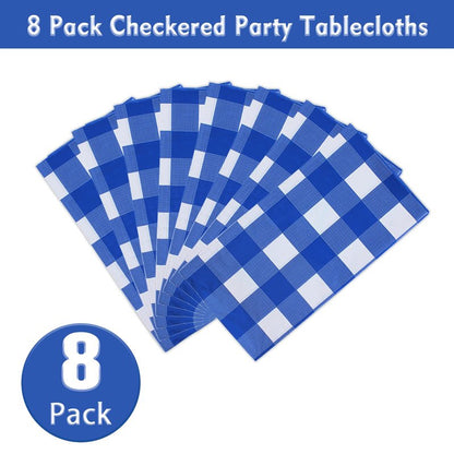 Kesfey 8 Packs Bule and White Checkered Tablecovers 54 x 108 Inches Disposable Party Picnic Table Cloth SpillProof Plastic Gingham Tablecovers for Camping Decoration Party Favors