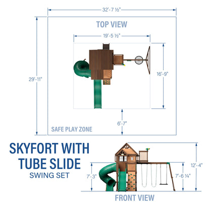 Backyard Discovery Skyfort All Cedar Swing Set, Elevated Covered Wood Roof Clubhouse with Bay Windows, 2 Belt Swings, Web Swing, 10ft Wave Slide, 5 ft Tube Slide, Covered Picnic Table, 5 ft Rock Wall