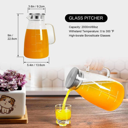 Aofmee Glass Pitcher with Lid, 68oz Water Pitcher with Handle and Precise Scale Line, Stainless Steel Iced Tea Carafe, Heat Resistant Borosilicate Jug for Juice, Milk, Cold or Hot Beverages