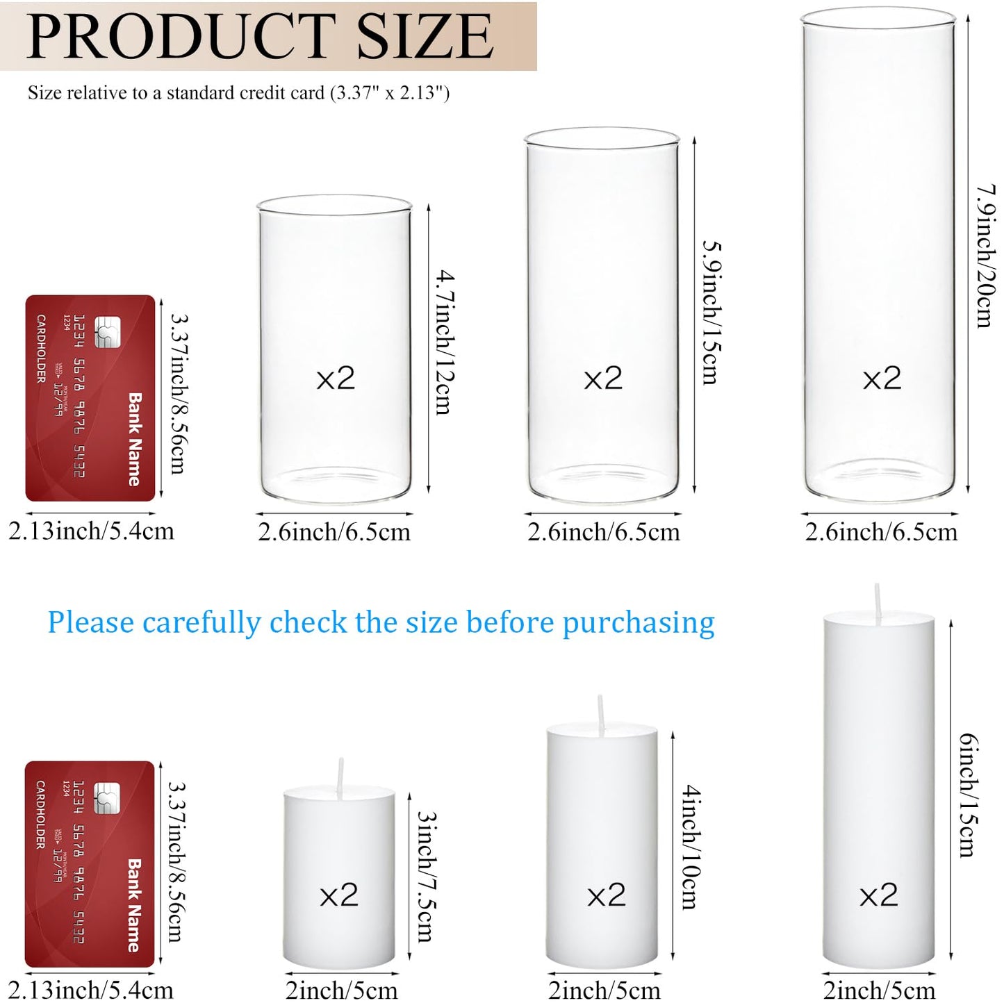Set of 6 White Pillar Candles with Clear Glass Hurricane Holders- Elegant Cylinder Candle Vases for Weddings, Parties, Centerpieces, Home & Office Decor (White, 6 Set)
