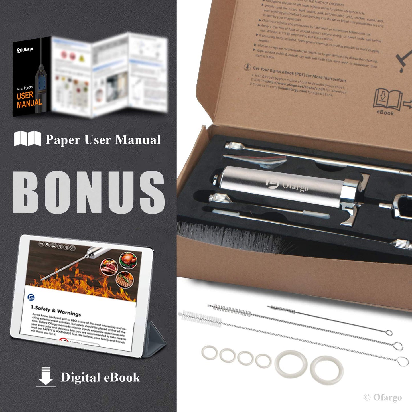 Ofargo Stainless Steel Meat Injector Syringe Kit with 4 Marinade Needles for BBQ Grill Smoker, 2-oz Large Capacity, Both Paper User Manual and E-Book Recipe