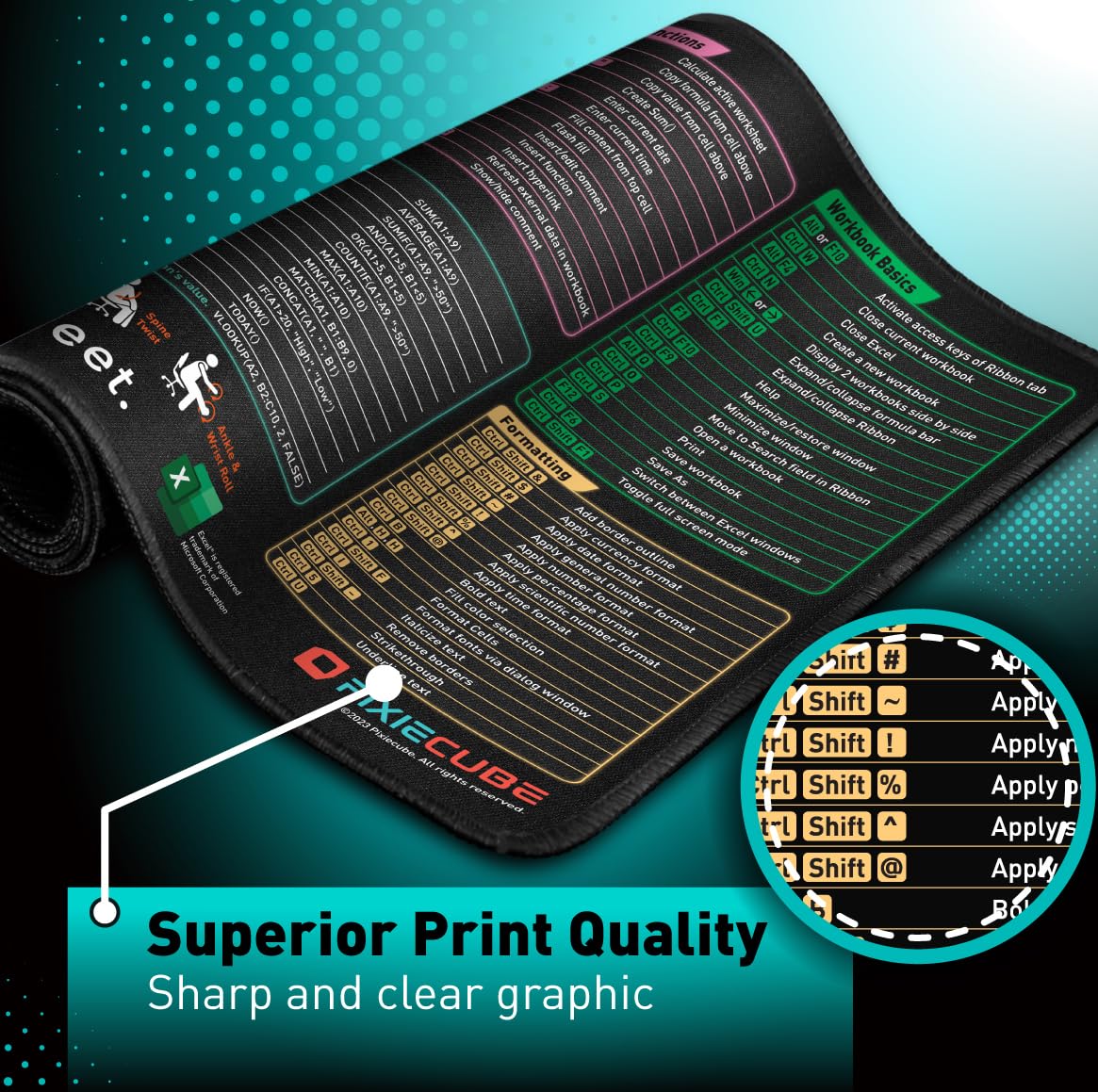 Pixiecube Excel Shortcut Keys Mouse Pad - Extended Large XL Cheat Sheet Gaming Mousepad | PC Office Spreadsheet Keyboard Mat | Non-Slip Stitched Edge