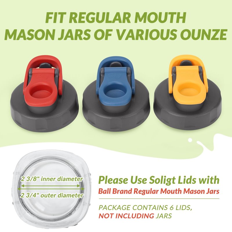 Soligt 6 Pack Mason Jar Lids, Regular Mouth Pour Spout Flip Cap Lids for Ball Brand Mason Jars, Leak Proof Airtight for Drinking Salad Dressing & Food Storing (jars are not included)