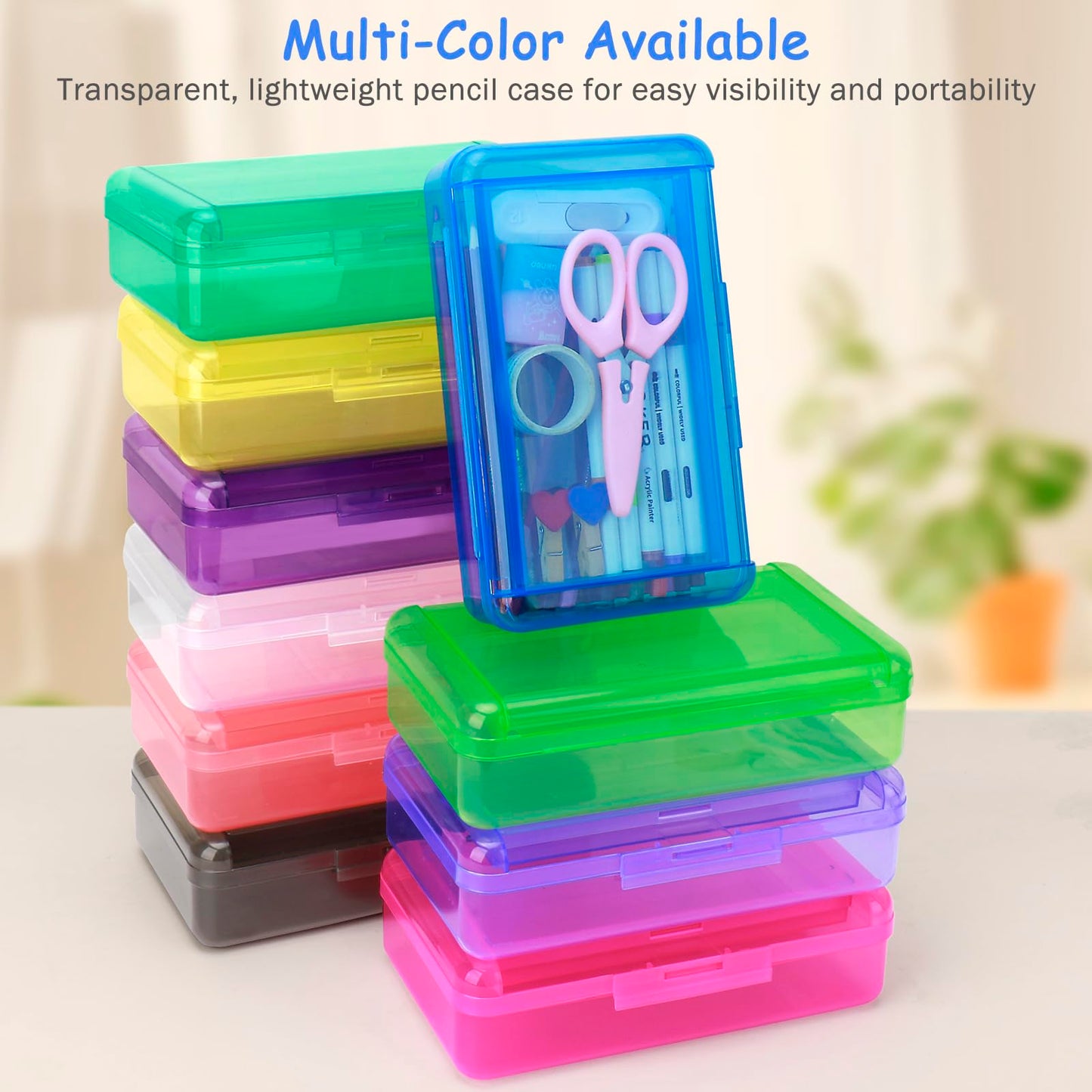 Nuozme Double Layer Large Capacity Pencil Box,Plastic Translucent Pencil Box, Hard Pencil Cases with Snap-Tight Lid for Pens, Pencils, School Supplies,Office Supplies,Medium-sized,1 Pack