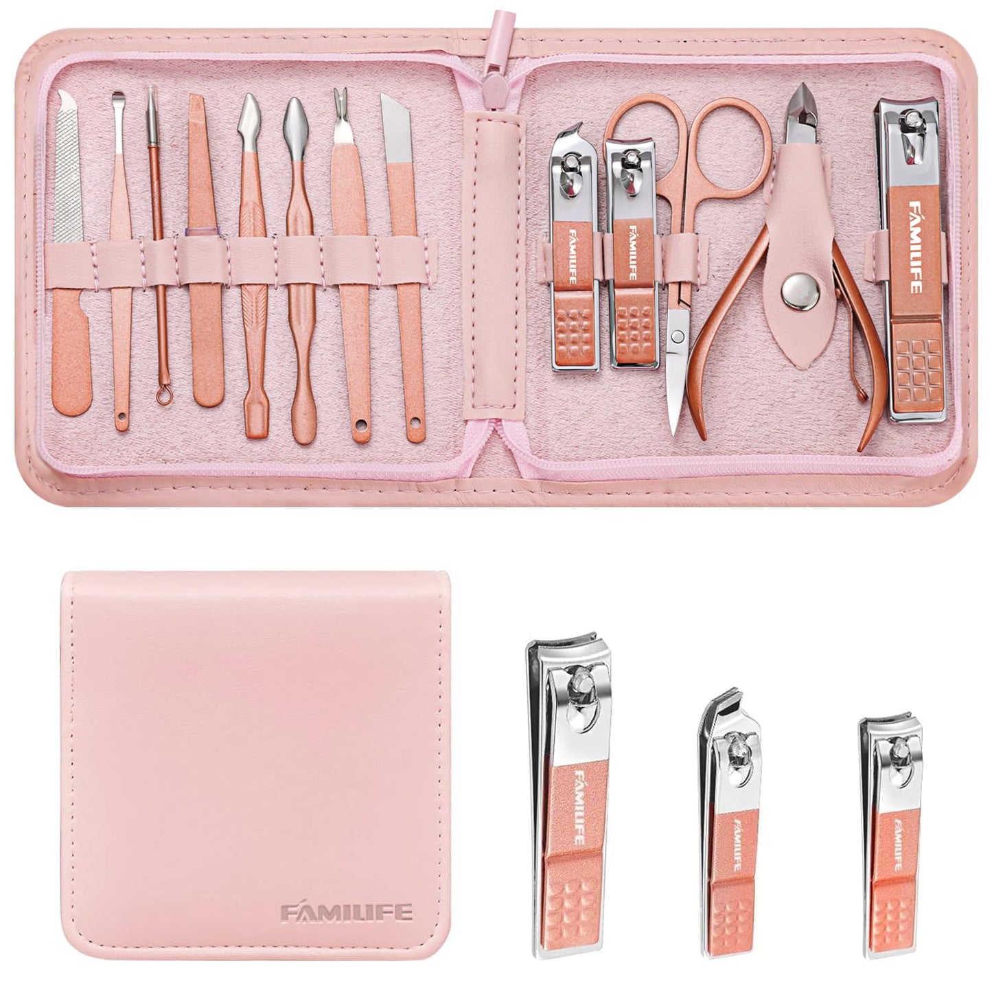 FAMILIFE Manicure Set, Nail Professional Kit Manicure Kits Nail Clipper Sets, 13PCS Stainless Steel Pedicure Sets Mens Grooming Tool, with Brown Leather Travel Case for Men