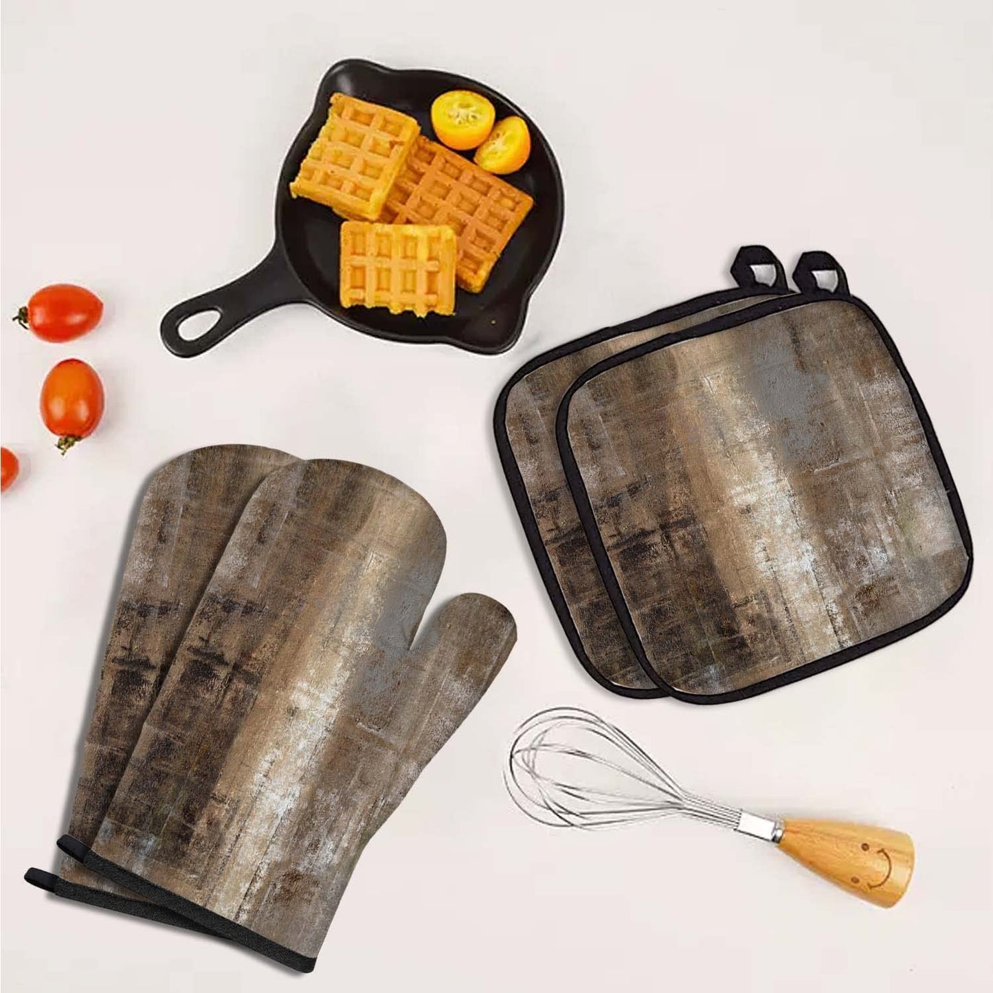 MCALK 5 Pcs Brown Oven Mitts and Pot Holders Sets, Dark Brown Oven Gloves and Hot Pads for Kitchen Cooking, Abstract Modern Art Oven Mitt Potholder is Both Functional and Decorative