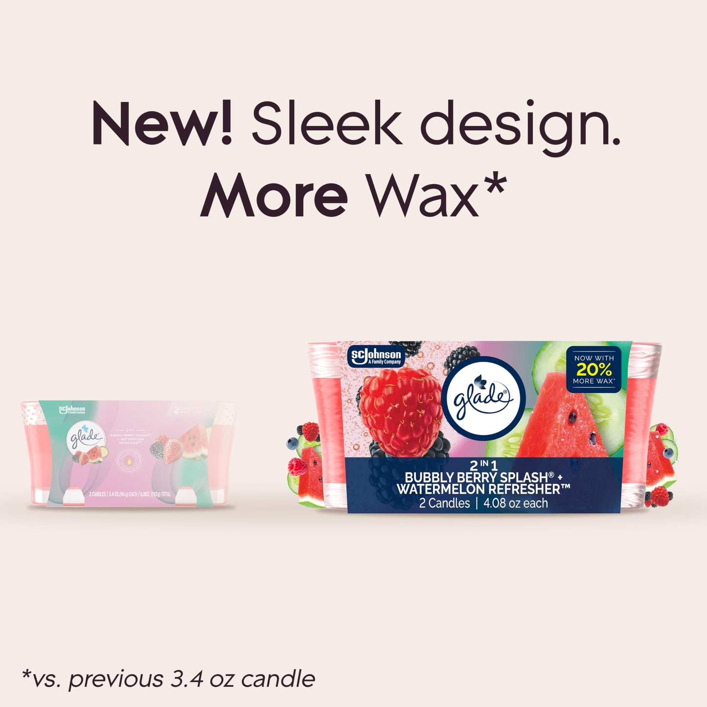 Glade 1-Wick 2in1 Scented Candle Jar, Bubbly Berry Splash & Watermelon Refresher, Air Freshener Infused with Essential Oils, 4.08 Oz, 2 Count