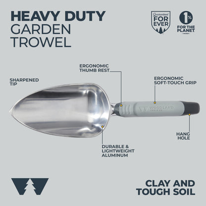 Woodland Tools Heavy Duty Garden Trowel – Full Tang Aluminum Construction, Extra Wide Scoop, Sharpened Point, Ergonomic Cushioned Grip, Rust Resistant Hand Tool for Digging in Clay and Tough Soil