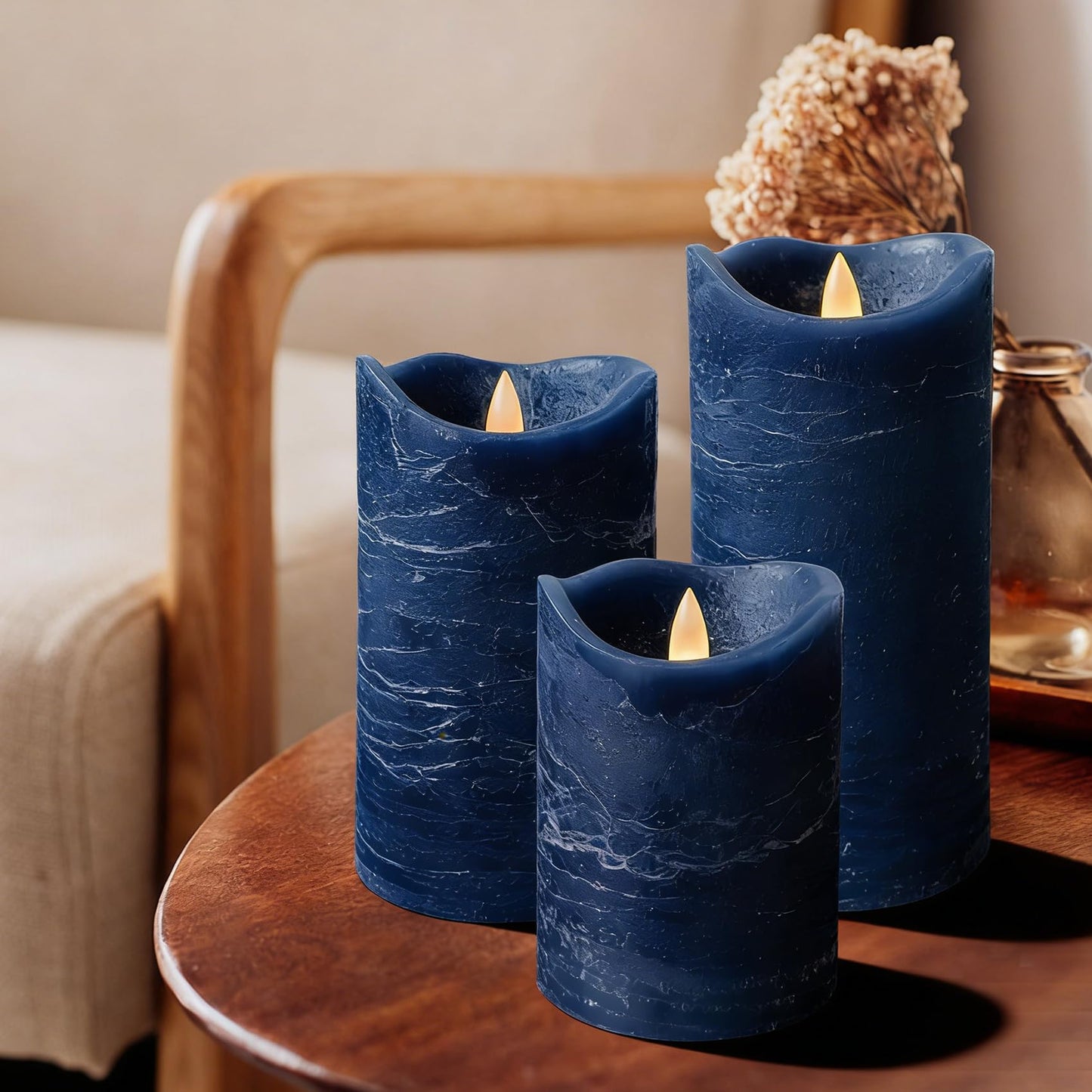 EZiKitchen Real Wax Flameless Candles Set of 3 (D 3" x H 4" 5" 6") Battery Operated LED Candle with Timer Home Decorative Pillar Flickering Lights,Wedding Party Events Decor,Navy Blue