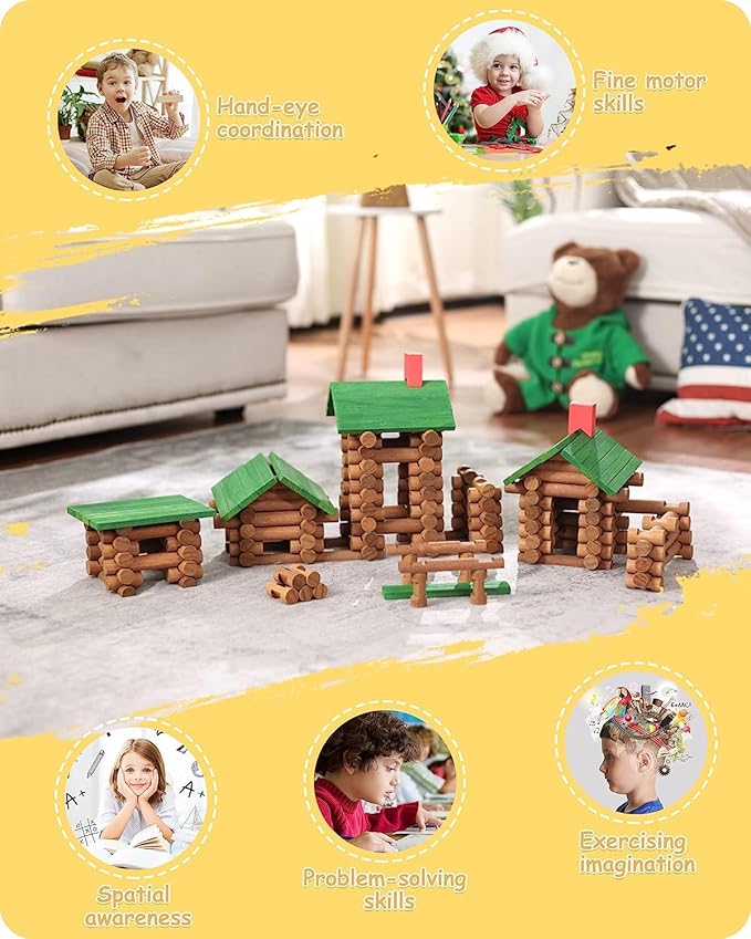 SainSmart Jr. 450 PCS Wooden Log Cabin Set Building House Toy for Toddlers Classic STEM Construction Kit with Colorful Wood Logs Blocks for 3+ Years Old
