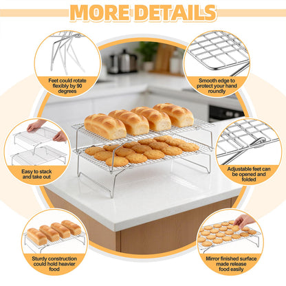 P&P CHEF Cooling & Baking Rack, 4-Tier Stainless Steel Stackable Grid Cooking Racks for Cooling Roasting Grilling, Collapsible & Heavy Duty, Oven & Dishwasher Safe, 15" x 10"