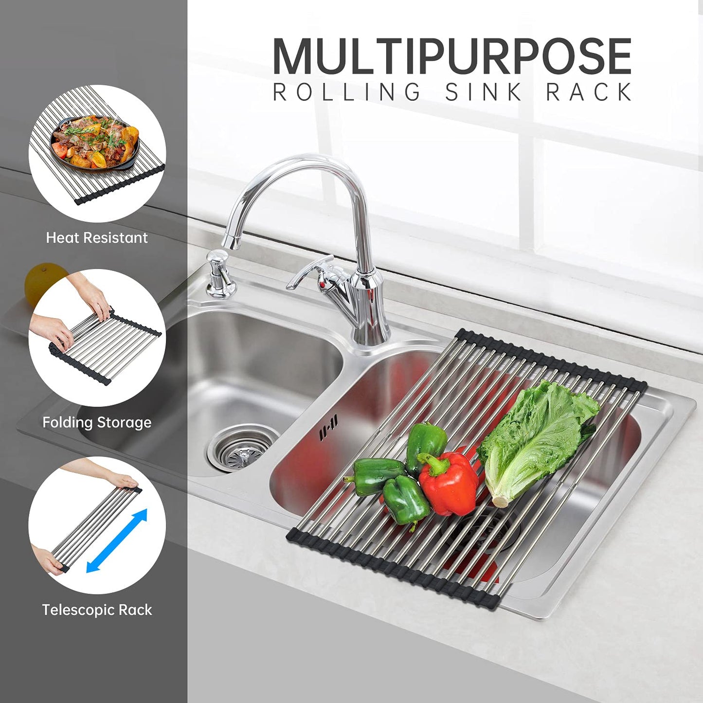 CHIRISEN Expandable Large Roll Up Dish Drying Rack, Foldable Over The Sink Dish Drying Rack, Rolling Dish Drainer Stainless Steel Roll Rack for Kitchen Sink Counter (Black, 21.25x12.79)
