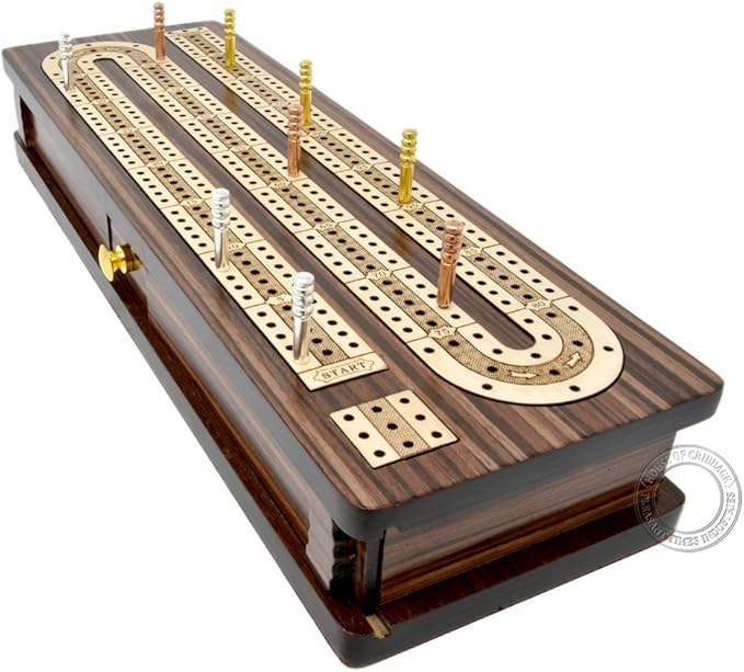 House of Cribbage - Continuous Cribbage Board/Box Inlaid in Rosewood/Maple 12 - 3 Tracks - Sliding Lid Drawer