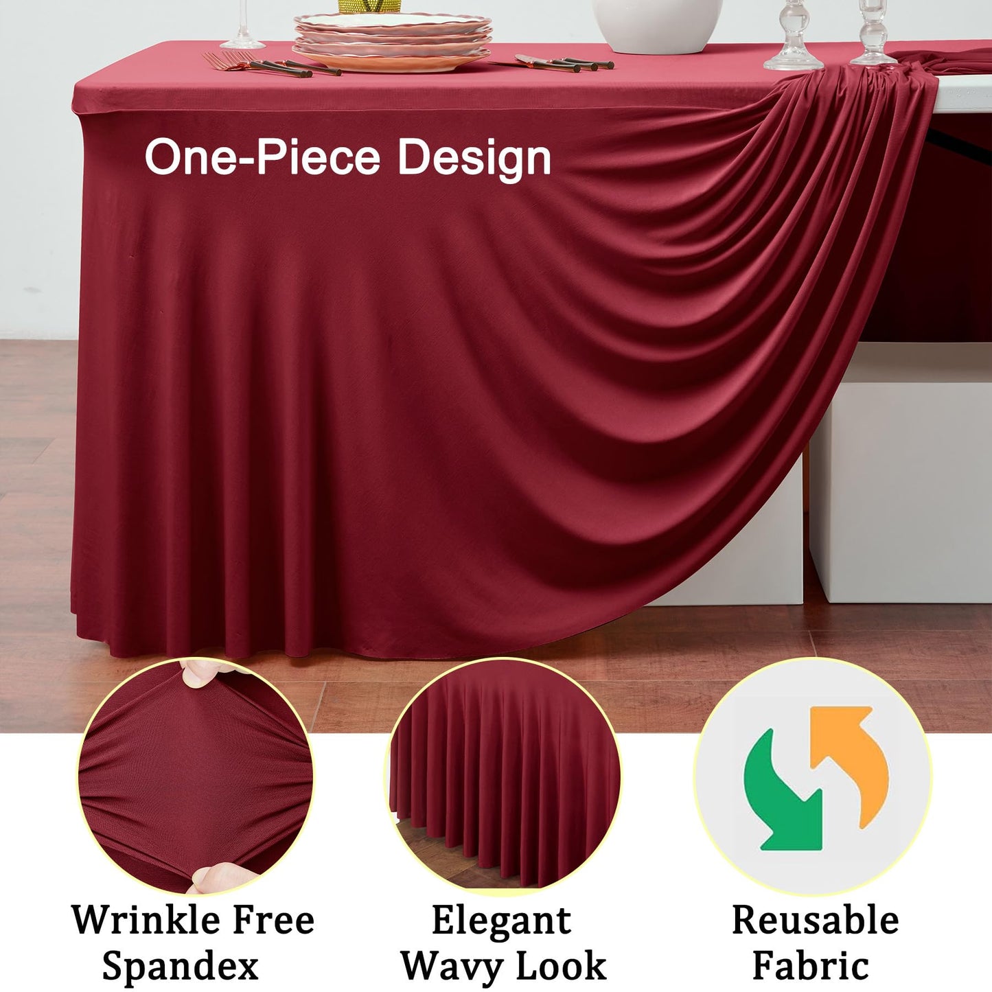 2 Pack Burgundy Spandex Table Clothes for 8 Foot Rectangle Tables, Wrinkle Free Fitted Table Cover 8ft Maroon Stretch Tablecloths with Skirt for Parties Weddings Birthday Banquet Baby Shower