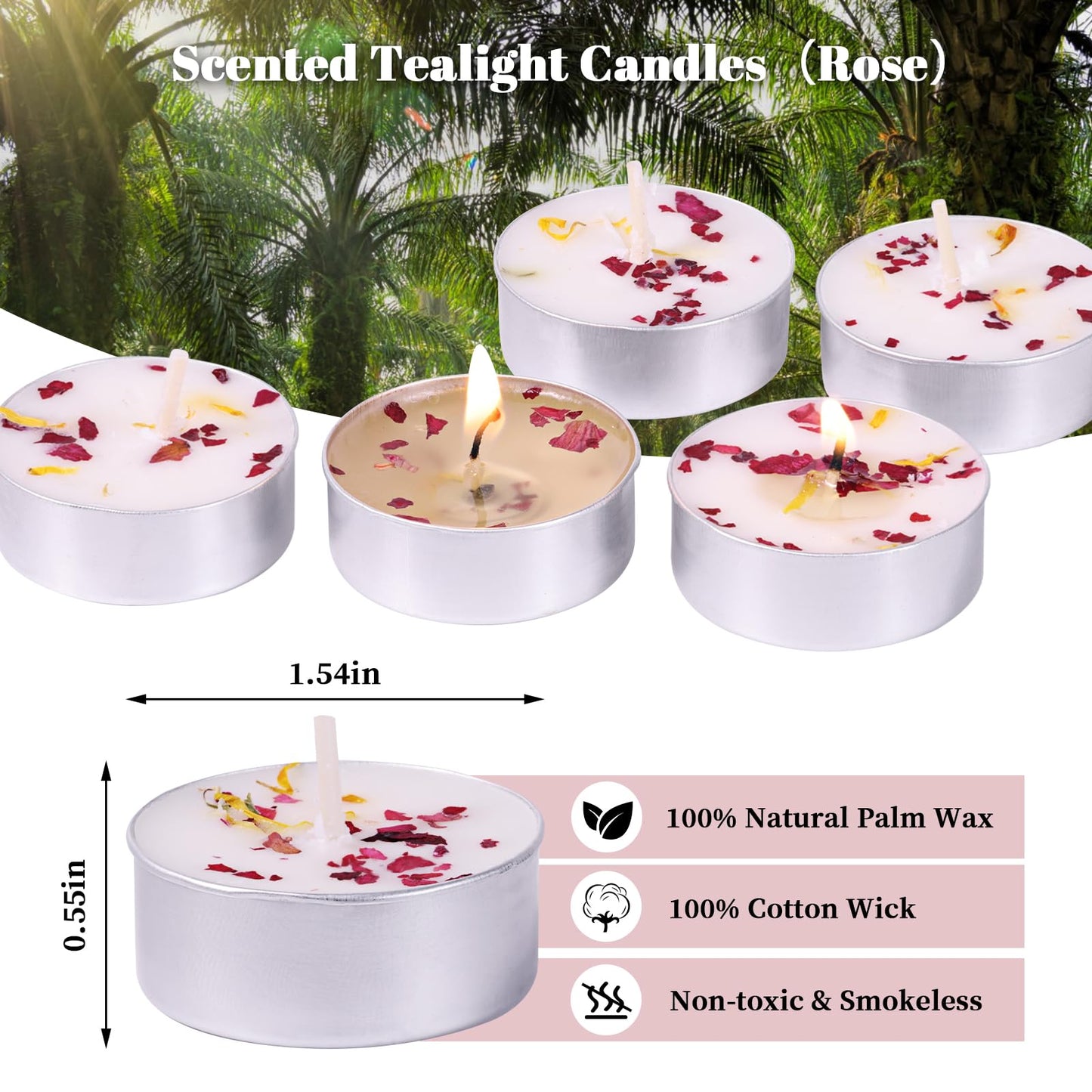 Rose Scented Tealight Candles 16 Pack - 4-Hour Palm Wax White Tea Lights, Plant Dried Flower Tea Lights Candle (Paraffin-Free), Scented Votive Candles for Home/Yoga/Bath/Meditation