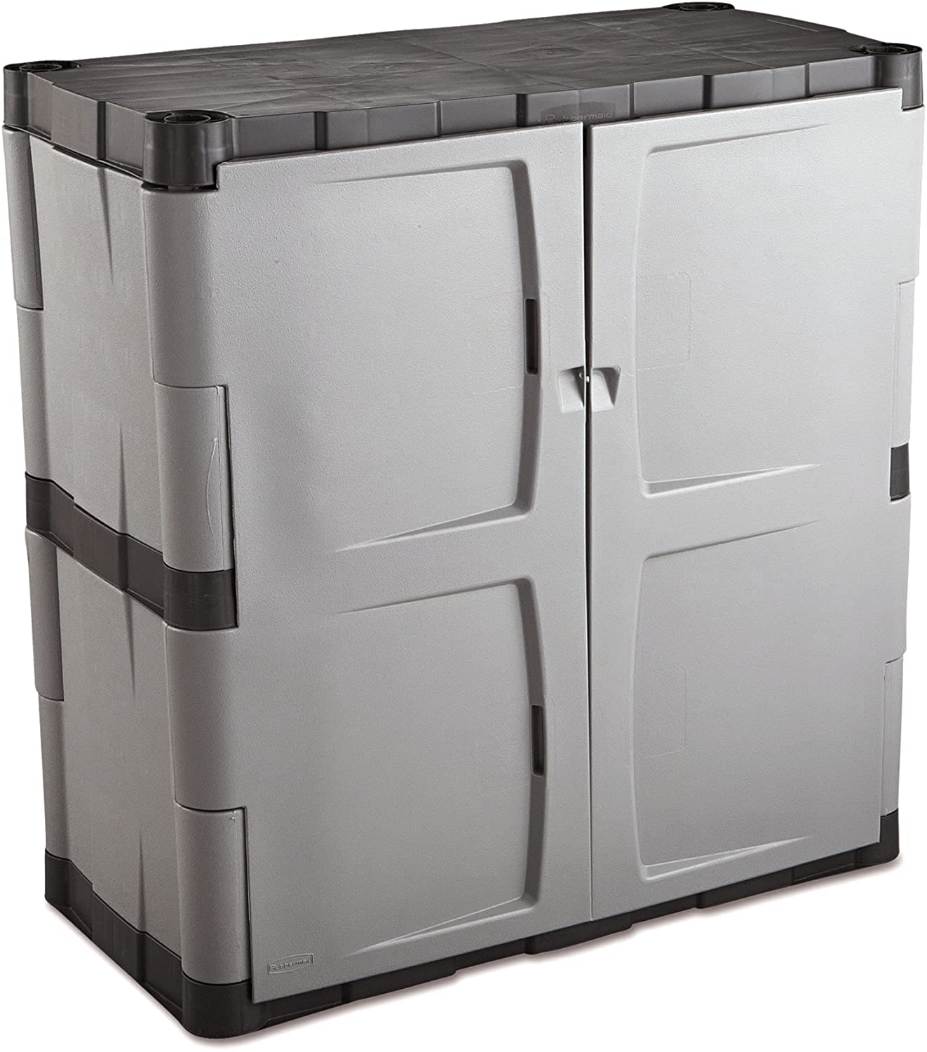 Rubbermaid Freestanding Storage Cabinet with Doors 18"D x 36"W x 37"H Medium Gray/Black Two-Shelf Lockable Cabinet for Indoor/Outdoor/Garage Storage for Garden Tools/Lawn Care Accessories