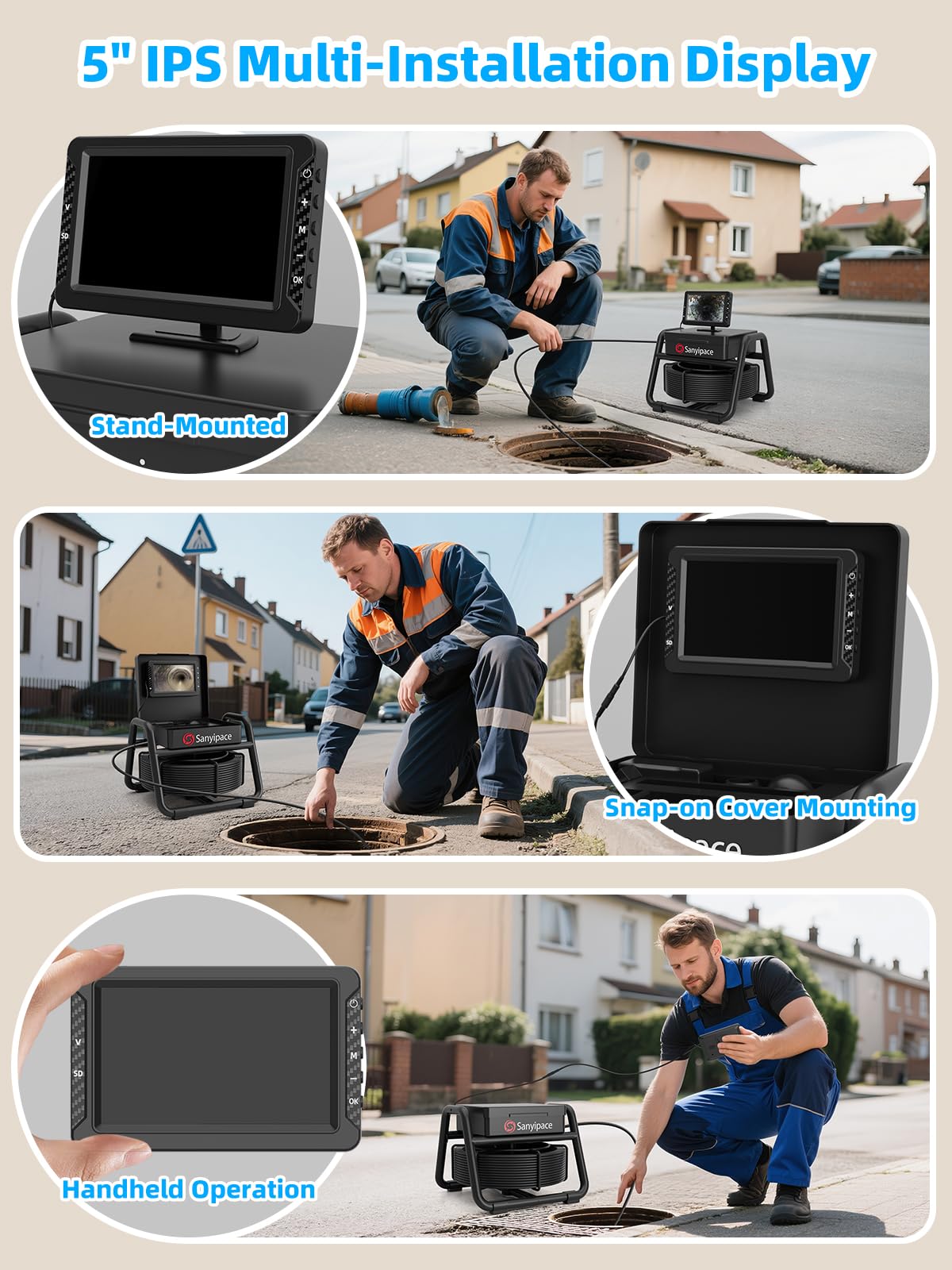 Sanyipace Sewer Camera, 5" IPS HD Pipe Inspection Camera,Built-in 32GB DVR with Microphone and Speaker, 8 LED Lights,IP68 Waterproof Drain Camer for Sewer Line, Home, Duct Drain Pipe Plumbing