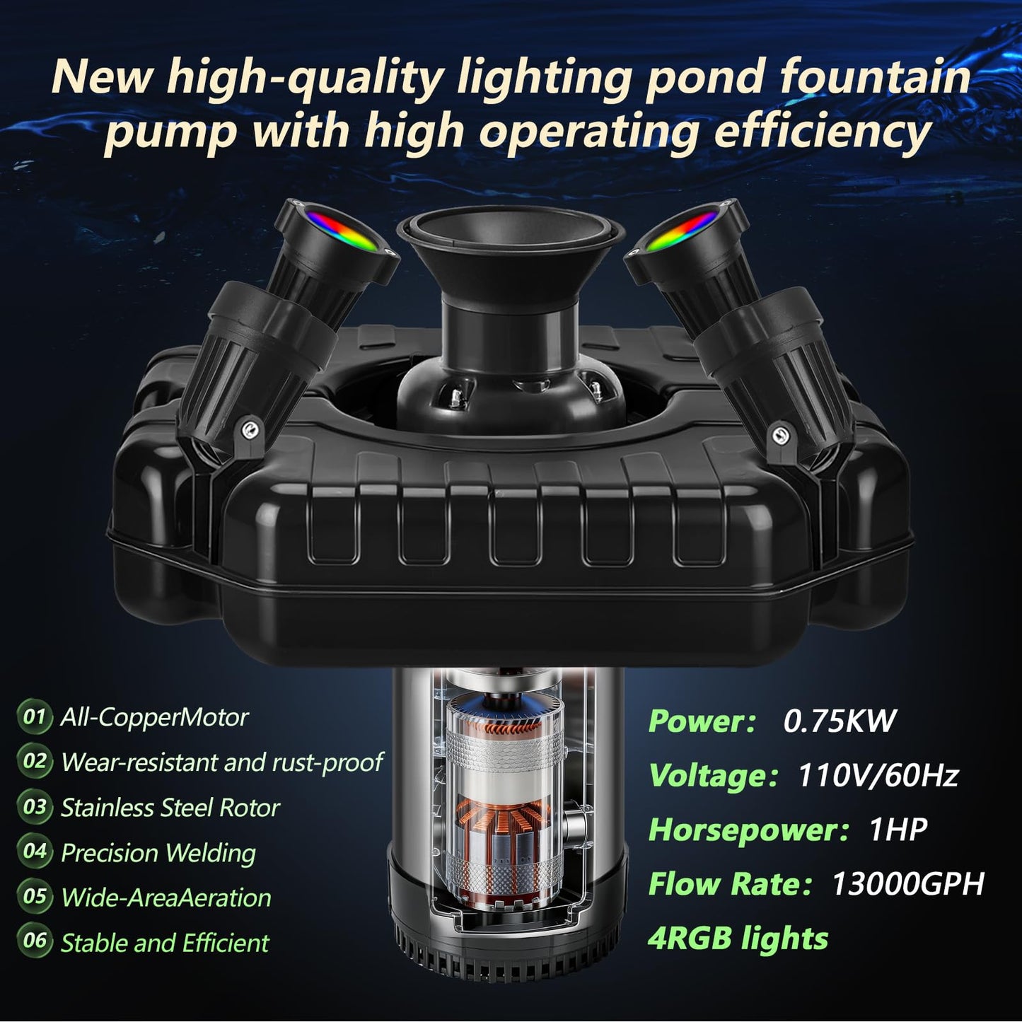 Burnvale Pond Fountain Aerator, 1HP 110V 750W Floating Pond Fountain, With4 RGB Lights，100 FT Power Cord，Waterproof Timer，2x100 FT Traction Rope，Floating Water Fountains for Ponds