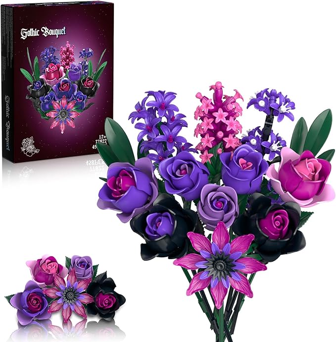 Purple Rose Flowers Bouquet Building Set - Valentines Decor Compatible with Lego Flowers for Adults Women - Gothic Home Office Table Centerpiece Decor Halloween Christmas Valentine's Gift