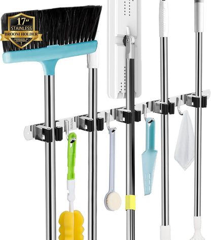Skiennix Wall Mounted Broom and Mop Holder - Heavy Duty 5 Racks & 4 Hooks | Stainless Steel, Black