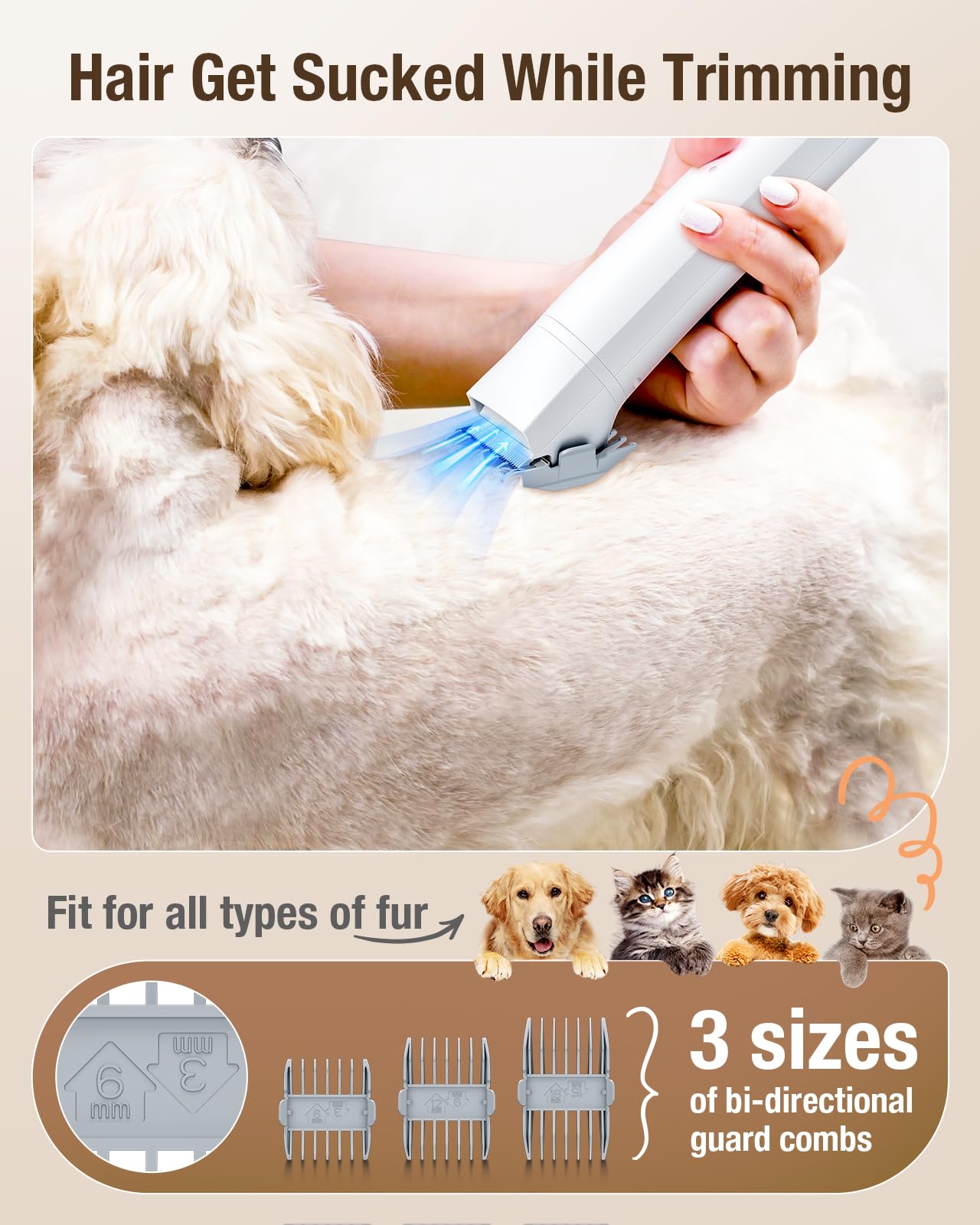 OPOWO Dog Grooming Vacuum, 2.7L Dog Hair Vacuum with Clipper Nail Grinder Paw Trimmer, 3 Suction Modes, Low Noise Groomer with 7 Pet Grooming Tools, Pet Grooming Vacuum for Dogs Cats