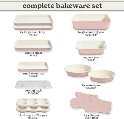 Country Kitchen Nonstick Bakeware Set - Durable, Easy Release 13-Piece Stackable Set in Pink