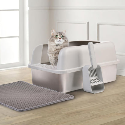 Henkelion Stainless Steel Cat Litter Box with Lid, 20" L x 14.2" W x 11.8" H, Extra Large Litter Box for Big Cats with High Sided, Anti-Urine Leakage, Easy Cleaning, Include Cat Mat and Scoop