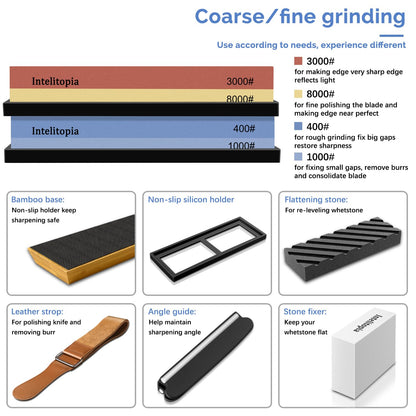 Intelitopia Complete Knife Sharpening Stone Set – Dual Grit Whetstone 400/1000 3000/8000 Knife Sharpener with Leather Strop, Flattening Stone, Bamboo Base, 3 Non-slip Rubber Bases & Angle Guide