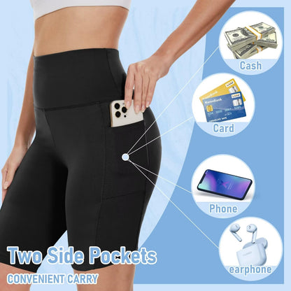 5 Pack Biker Shorts with Pockets for Women - 8" High Waist Spandex Workout Yoga Running Athletic (Black/Light Grey/Blue/Ins Green/Pink-Pockets,ONE)