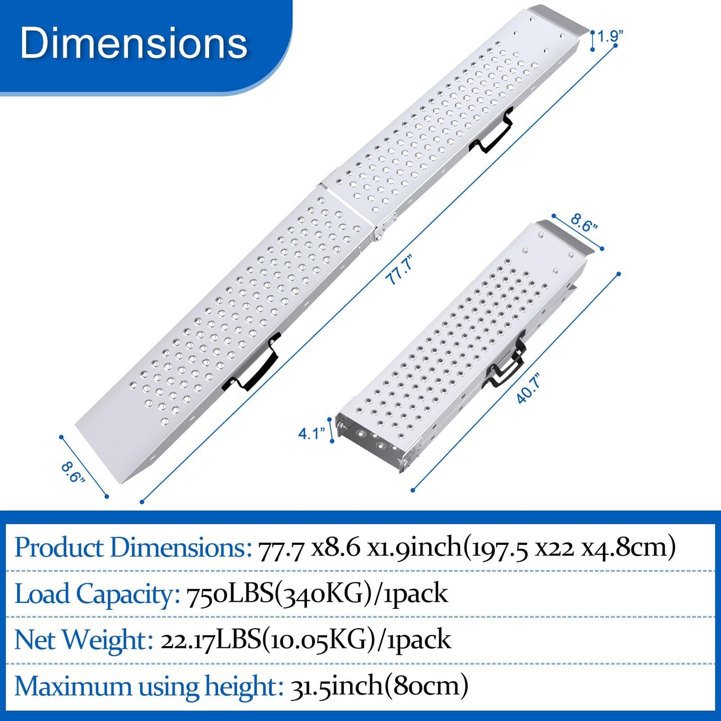 HQSLC 77.7 inches Long and 8.6 inches Wide Heavy Duty Folding Loading Ramp, 1500lb Capacity, Motorcycle; Lawn Mower; Snow Plough; Bikes; ATV; UTV; Golf Carts,Circular Hole, Pack of 2