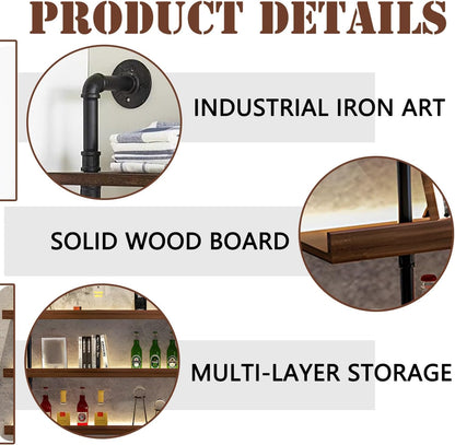 Dawselod 62.9in Large Wine Rack with LED Light Solid Wood Wall Mounted Wine Rack, 3-Tiers Liquor Bottles Floating Shelves Display Storage Organizer for Home Bar & Dining Room (160cm/62.9in)