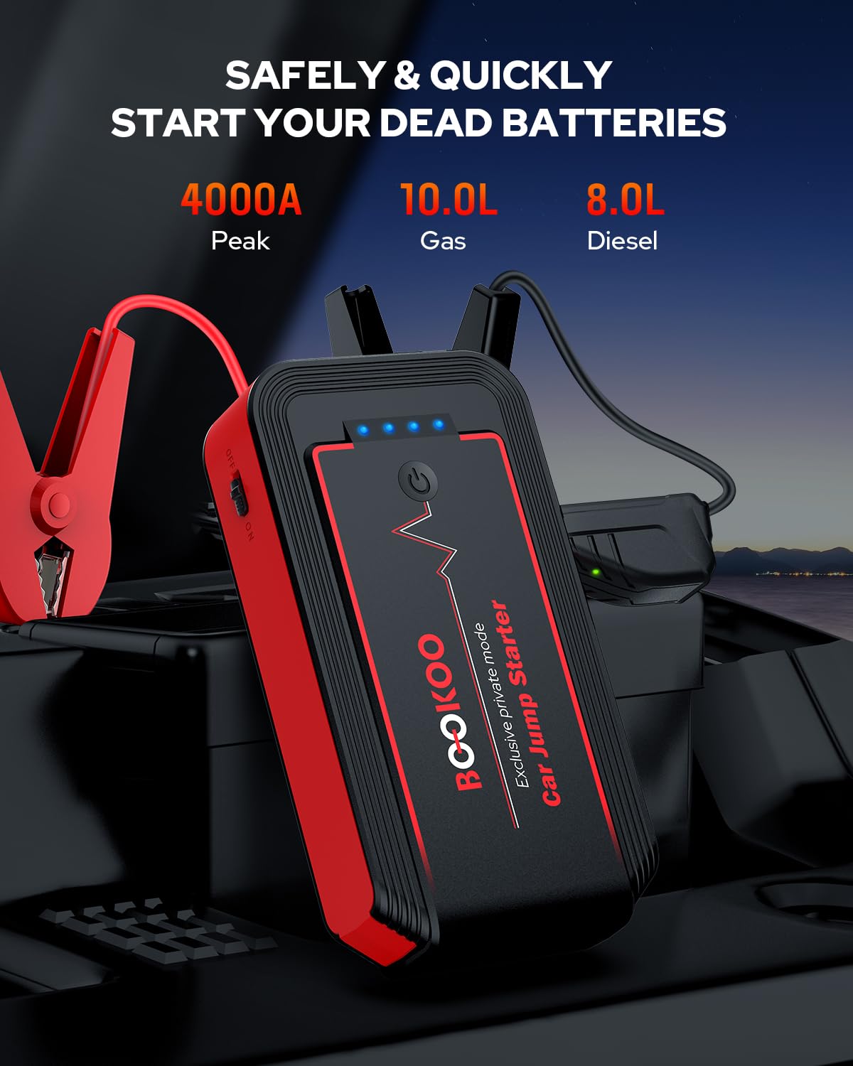 BOOKOO Car Battery Jump Starter 4500A,Portable Car Jump Starter for Upto 10L Gas and 8L Diesel Engines,12V Jump Box with Jumper Cables,USB QC3.0,128W DC,LED Light