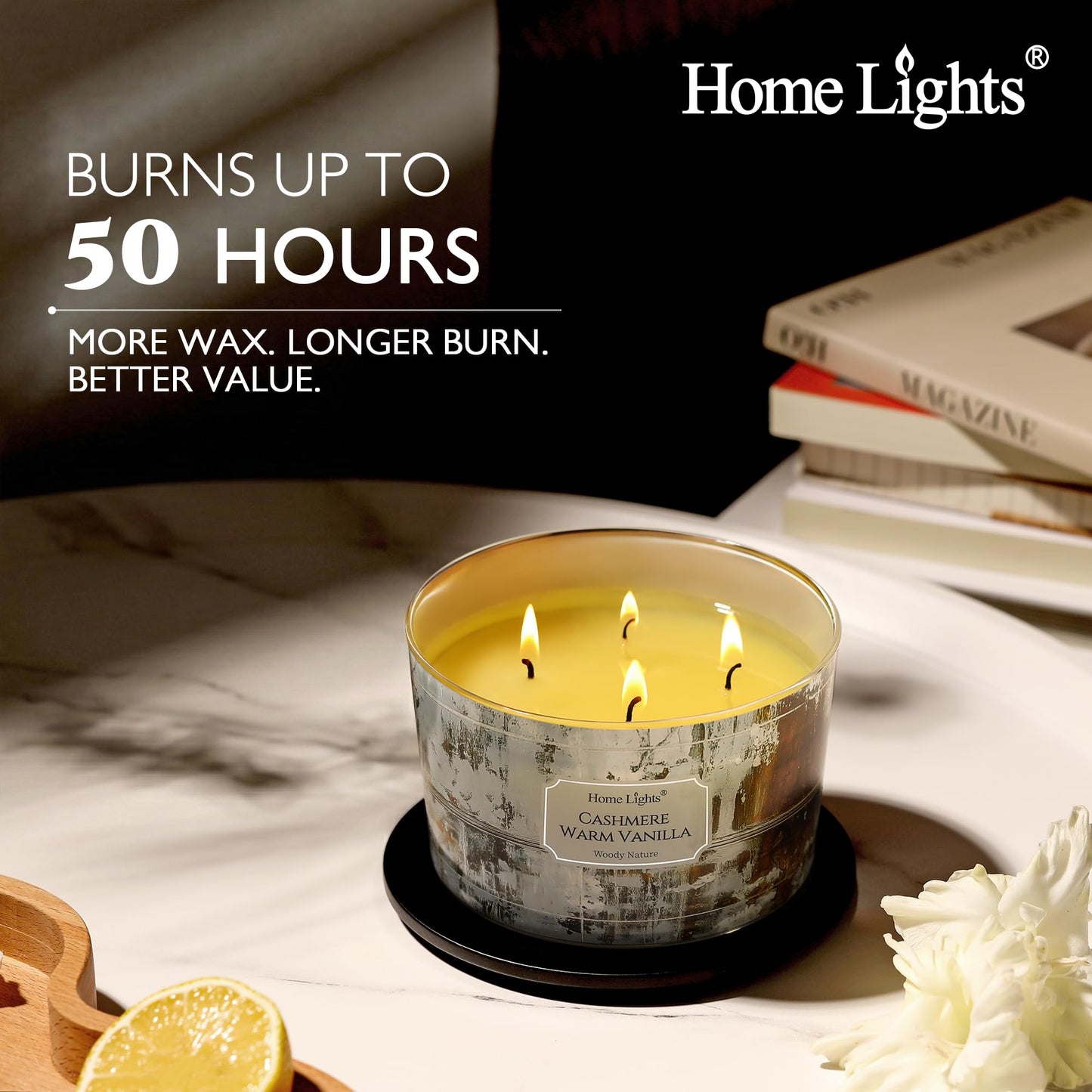 HomeLights Scented Candles for Women & Men, 18oz Candle Jars Aromatherapy 4-Wick Candle, Ideal for Industrial Chic Home Decor and Gifts, Cashmere Warm Vanilla