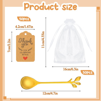 Dandat 50 Sets Bridal Shower Tea Spoons Party Favor for Guest Gold Leaf Mini Spoons Bulk Stainless Steel Honey Teaspoons with Thank You Labels Organza Bags, Wedding Souvenir Gift Party Decorations