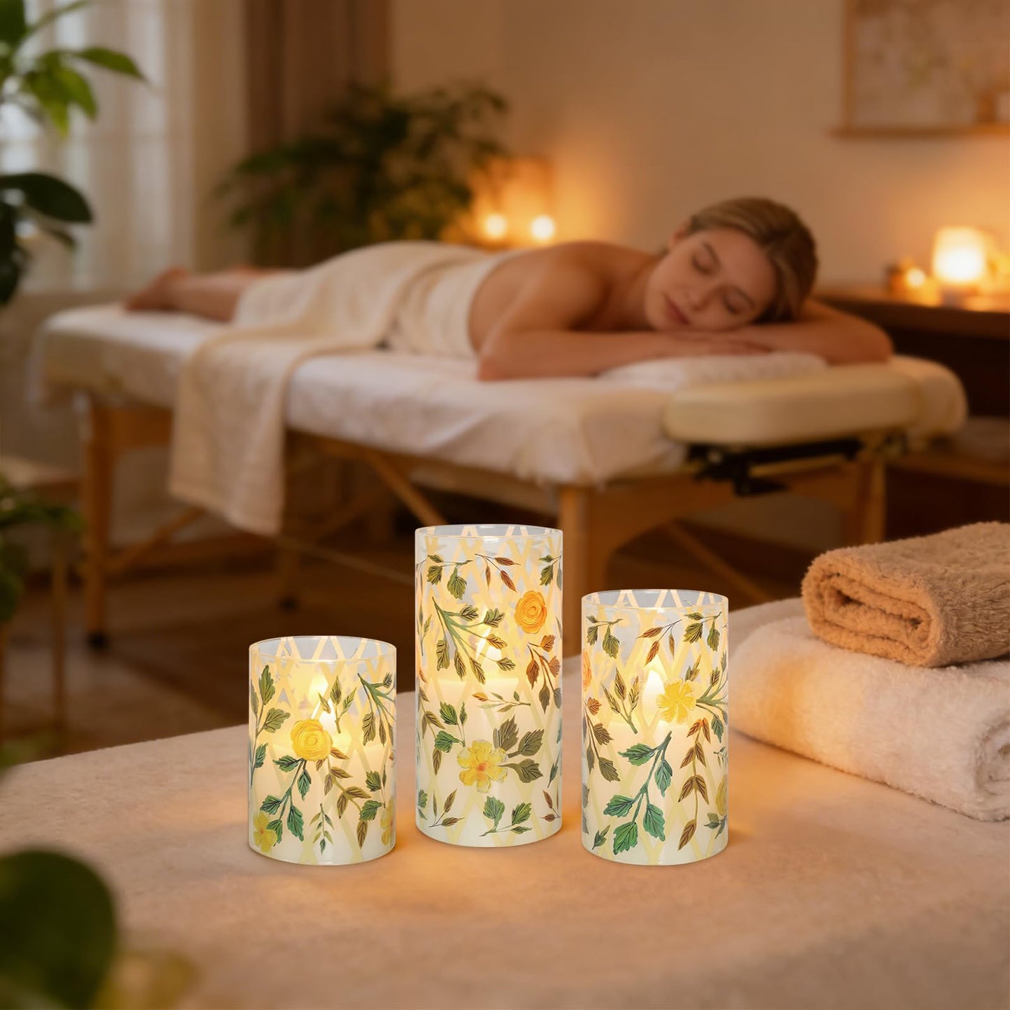 Crystal Club Yellow Floral Flameless Candles with Remote & Timer, 3D Wick Flickering Pillar LED Flameless Candles, Battery Operated for Home Wedding Party Festival Decor, Set of 3