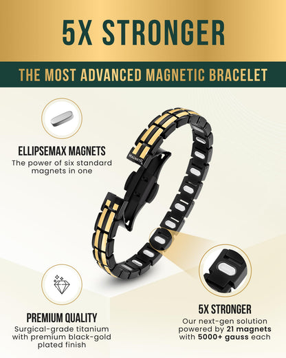 MagnetRX® Magnetic Bracelets for Women - EllipseMAX 5X Strength 5,000 Gauss Magnets - Designed in USA & PATENT PENDING - Premium Titanium Womens Magnetic Bracelet & Adjustable Length (Black/Gold)