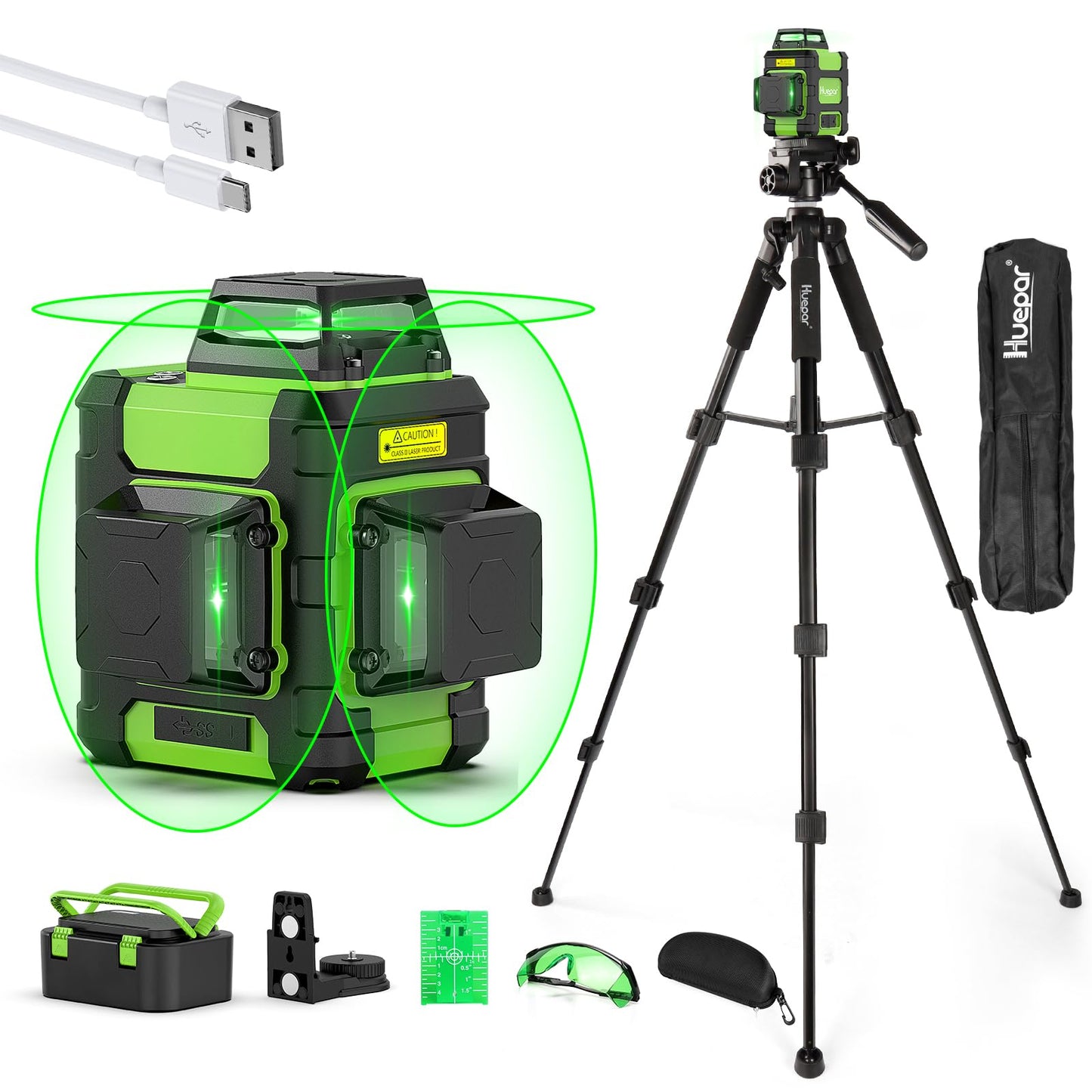 Huepar Laser Level 360° with Tall Tripod, Self Leveling Rechargeable Lazer Leveler for Construction and Picture Hanging, Nivel Laser with Pluse Mode for Outdoor, Hard Carry Case, 50" Tripod, Glasses