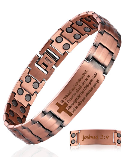 Fashtour Copper Cross Bracelet for Men - Ultra Strength Magnetic Mens Cross Jewelry Set - Adjustable Magnetic Bracelet with Sizing Tool Jewelry Box (Copper&Joshua 1:9)