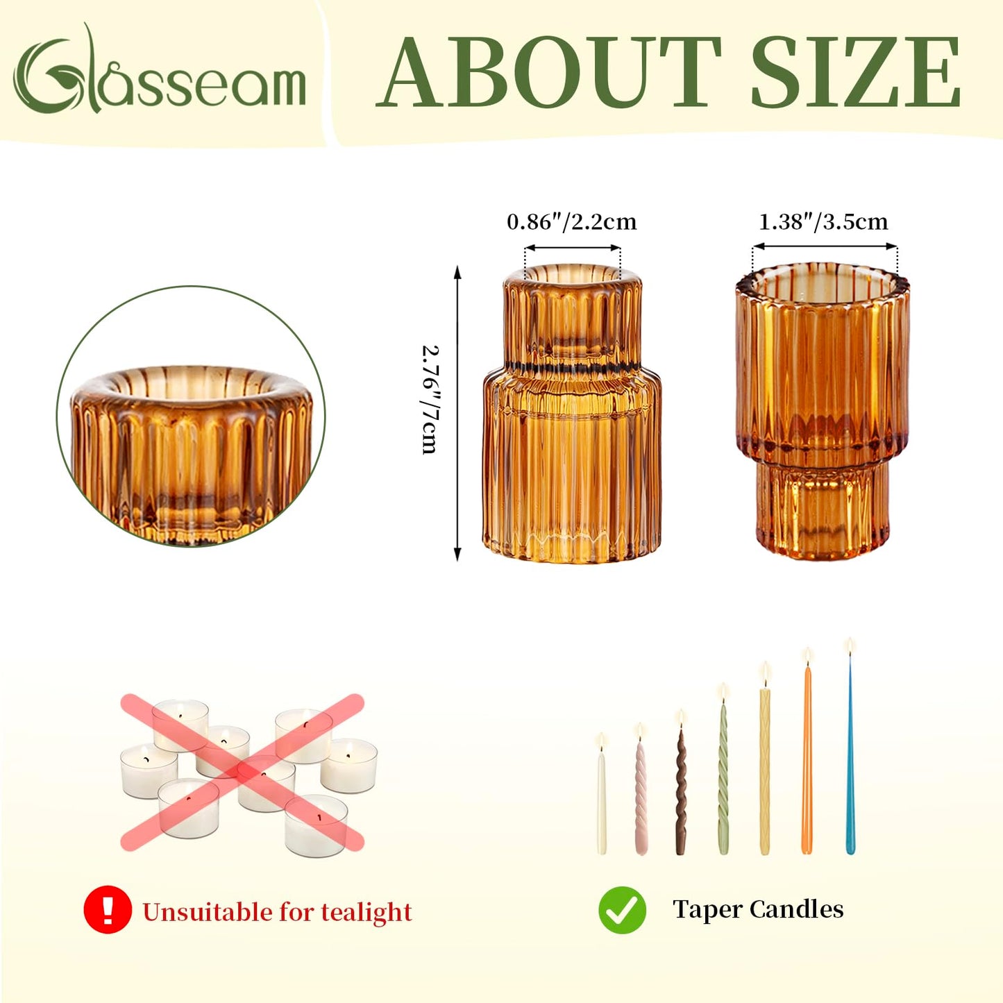 Glasseam Glass Tapered Candlestick Holders: Amber Ribbed Set of 2 for Table Centerpiece, Fall Decor, Christmas Party, Halloween, Thanksgiving