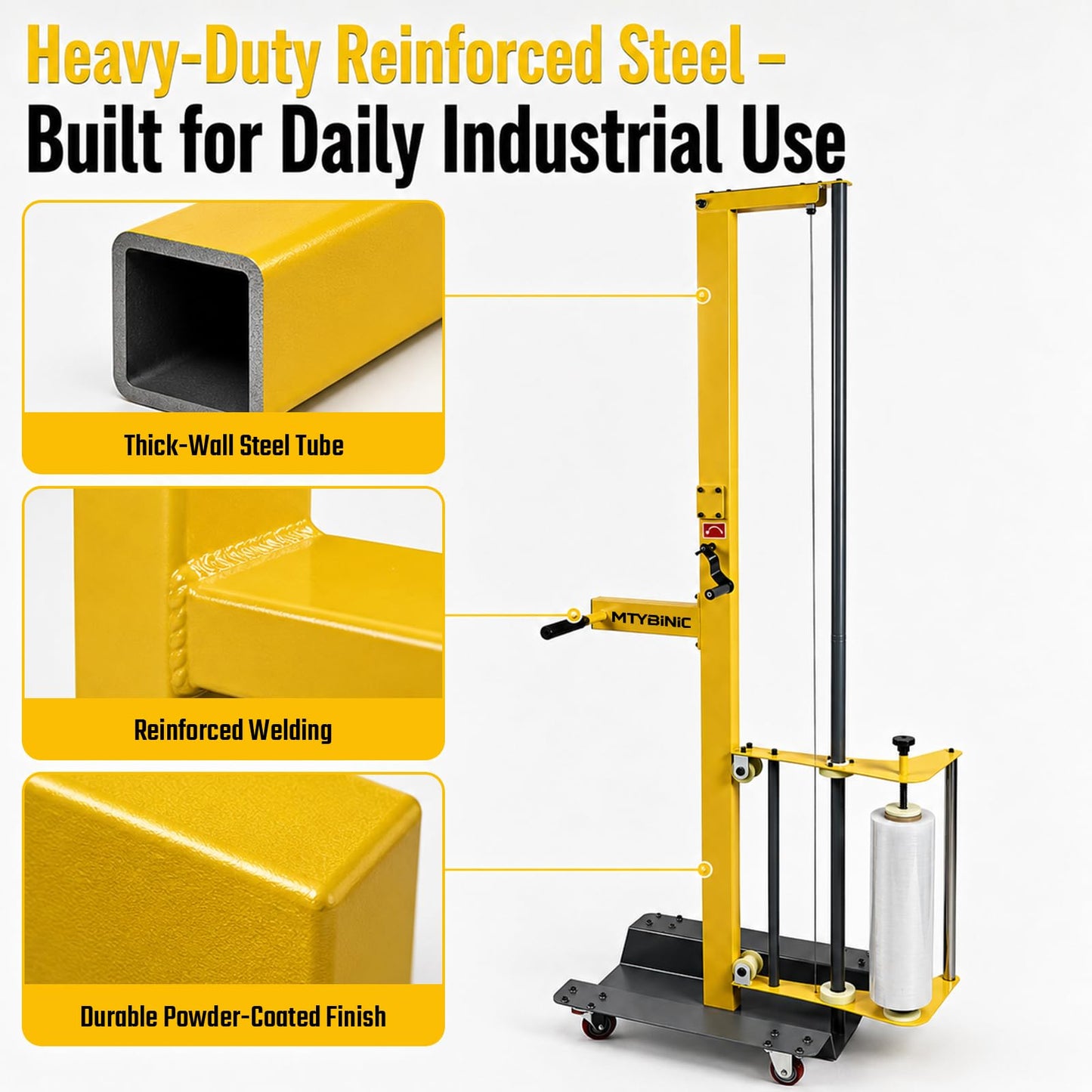 Heavy Duty Mobile Pallet Stretch Wrap Machine - Semi-Automatic Hand Push Trolley Wrapper with Adjustable Height (Up to 82"), Ergonomic Film Dispenser for Warehouse, Factory & Shipping Logistics